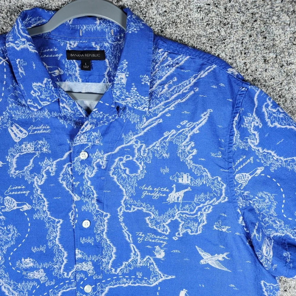 Banana Republic Button Up Shirt Mens L Blue Map Print Linen Blend Excellent
